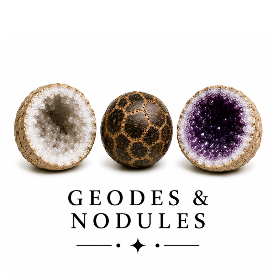 Two geode-shaped crystal clusters displayed on a white background, one with white crystal points and one with purple crystal points, both framed in a metallic gold-toned setting. The word 'GEODES' is printed below.