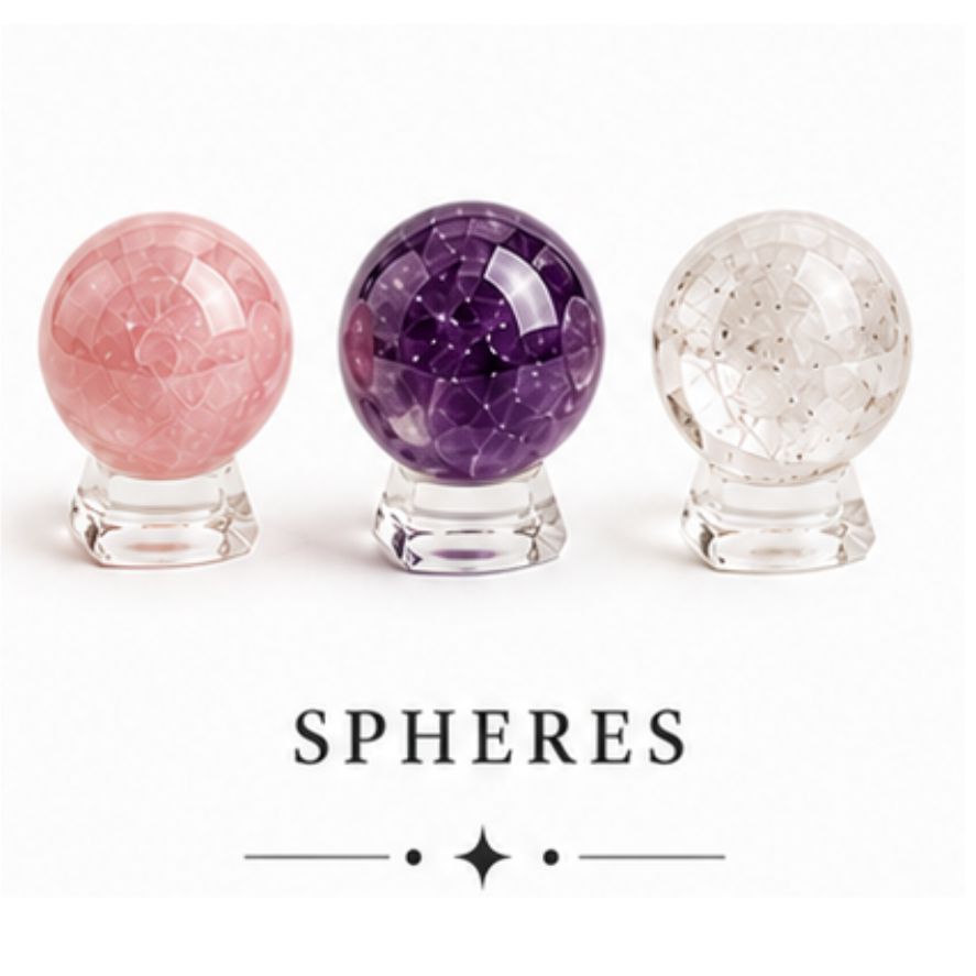 Three faceted crystal spheres on clear stands against a white background, with the word 'SPHERES' and a small star graphic below.