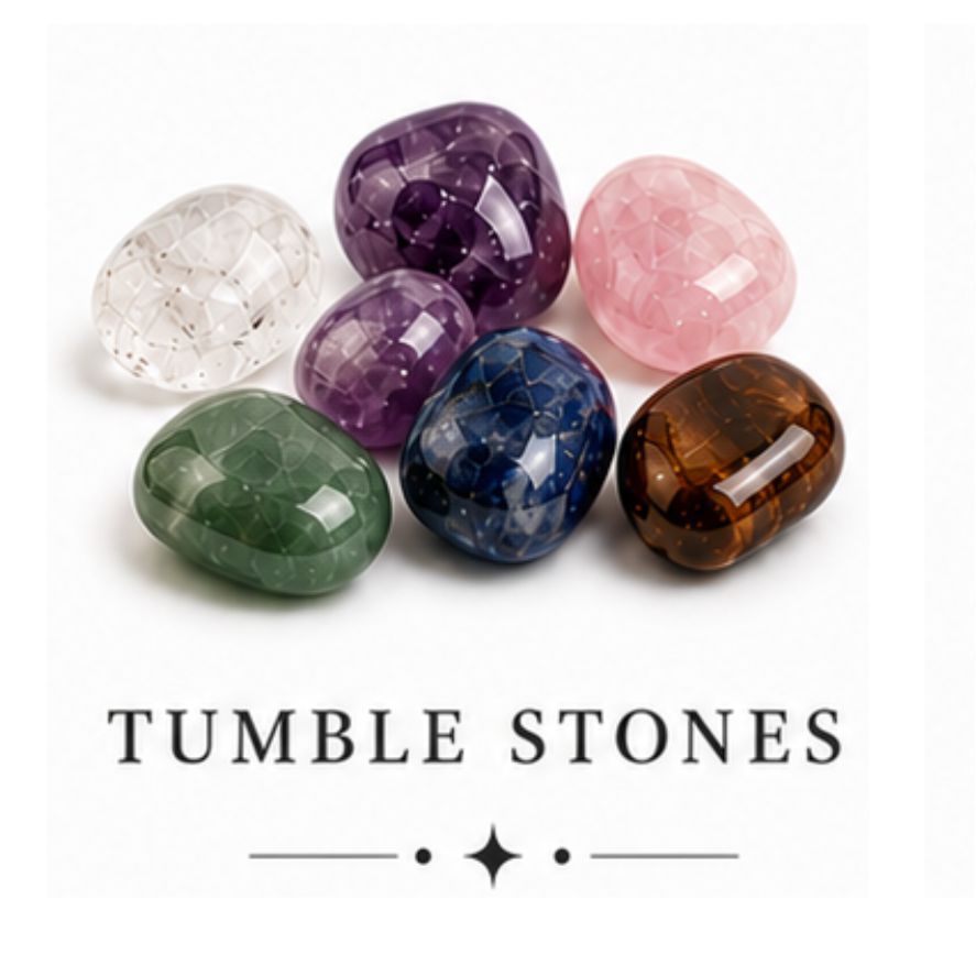 Six polished tumbled gemstone beads in assorted colors including green, purple, pink, blue, brown, and clear, displayed on a white background with the text 'TUMBLE STONES' underneath.