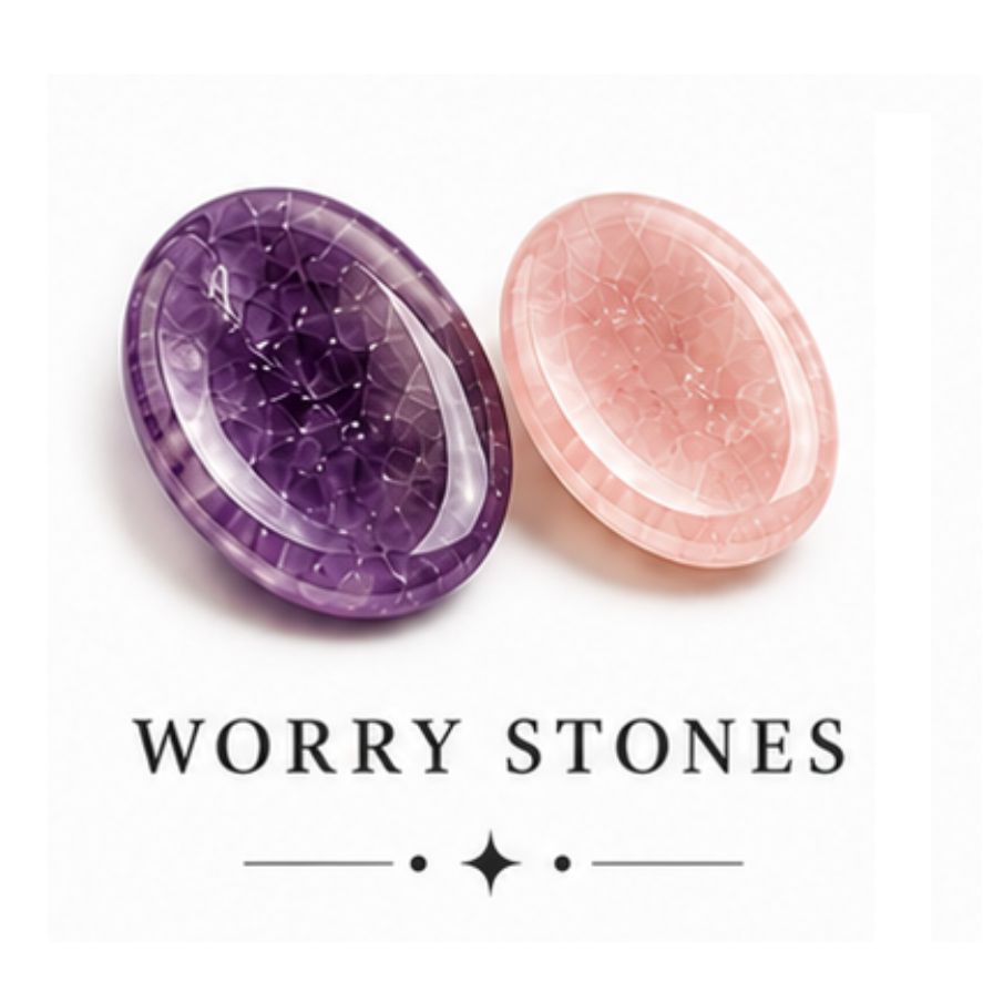 Two oval cabochon gemstones, one purple amethyst and one pink rose quartz, displayed side-by-side with the brand name 'WORRY STONES' printed below on a white background.