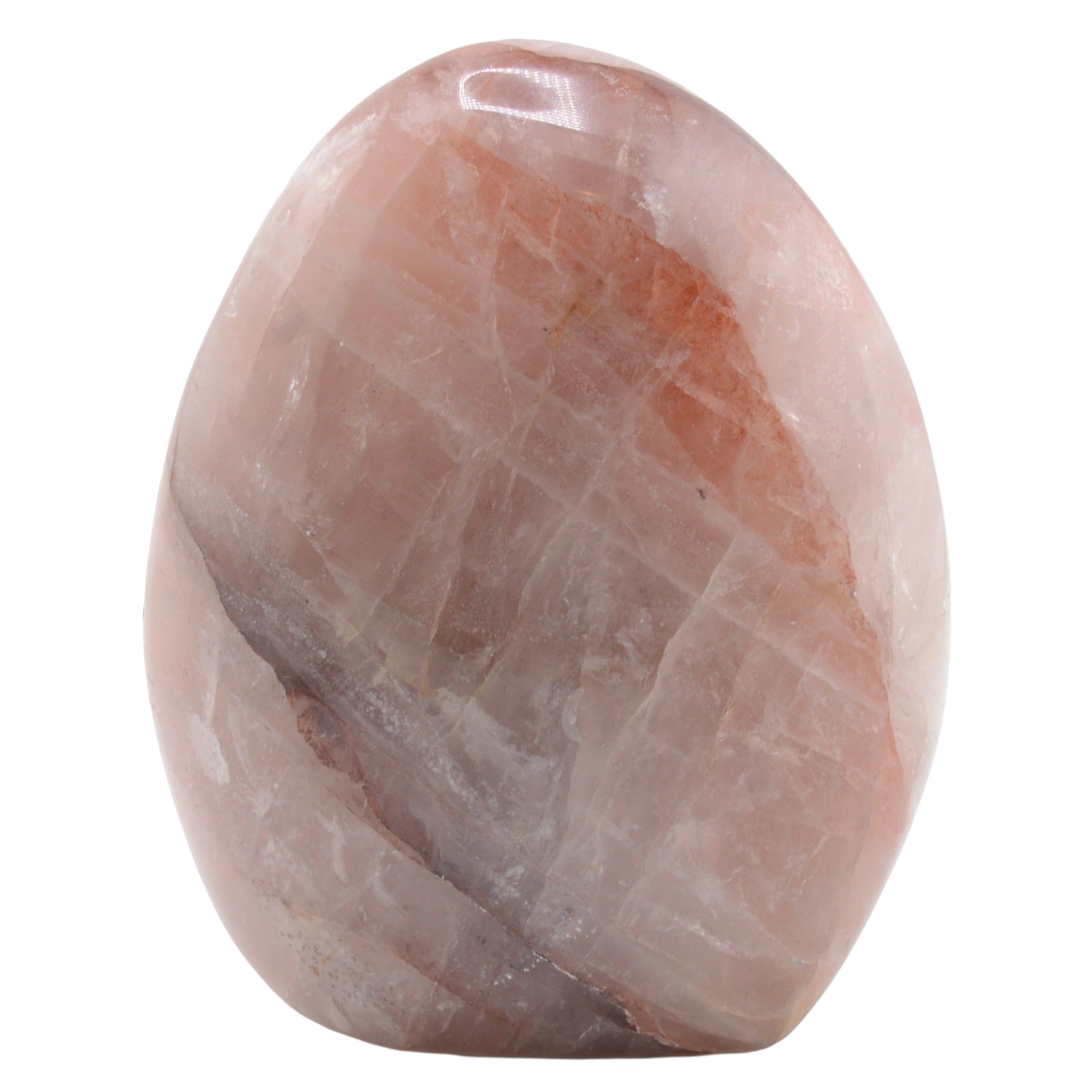 A polished fire quartz crystal with natural striations and a smooth, rounded organic shape, isolated on a white background.
