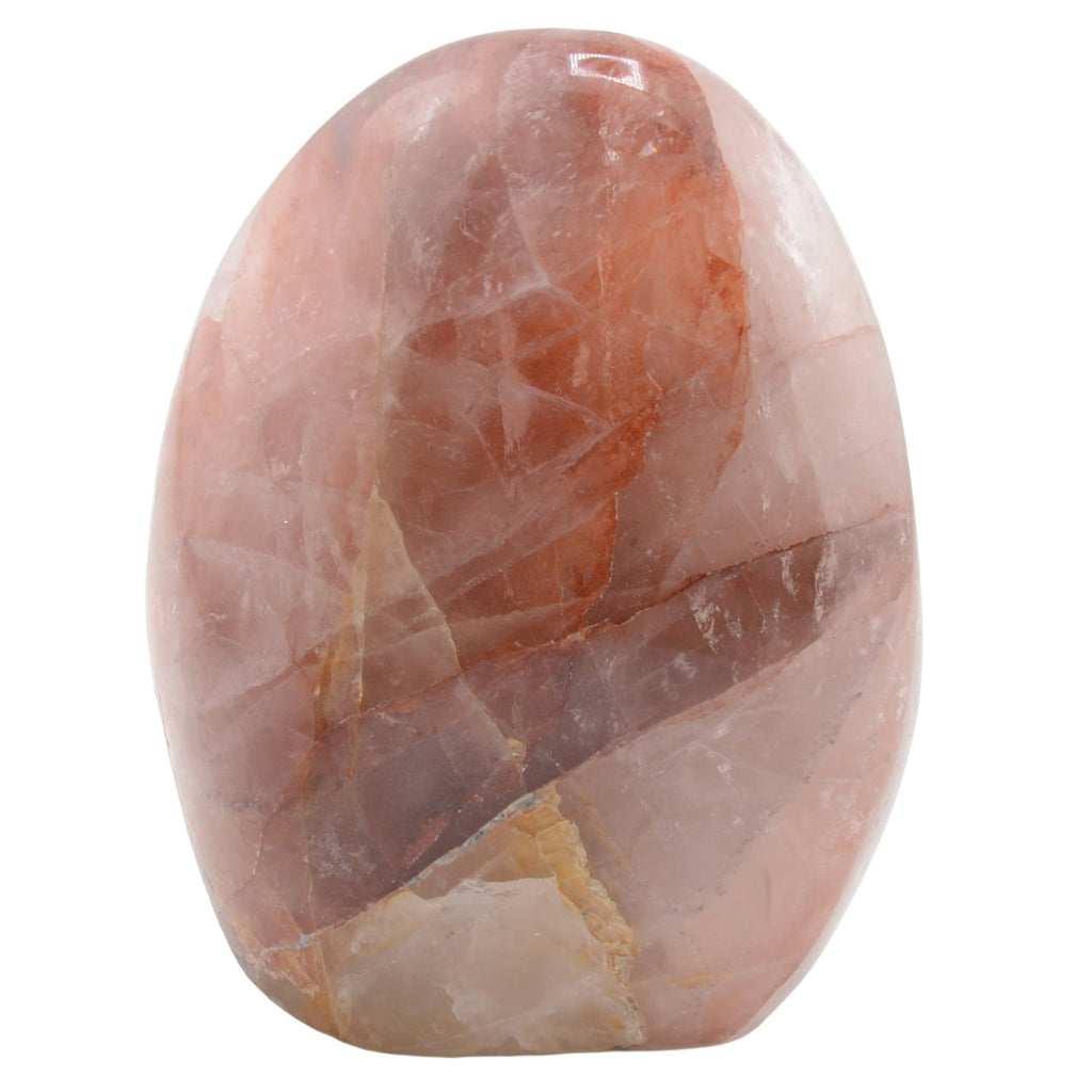 A polished fire quartz crystal stone with natural striations and a small beige section near the bottom, isolated on a white background.