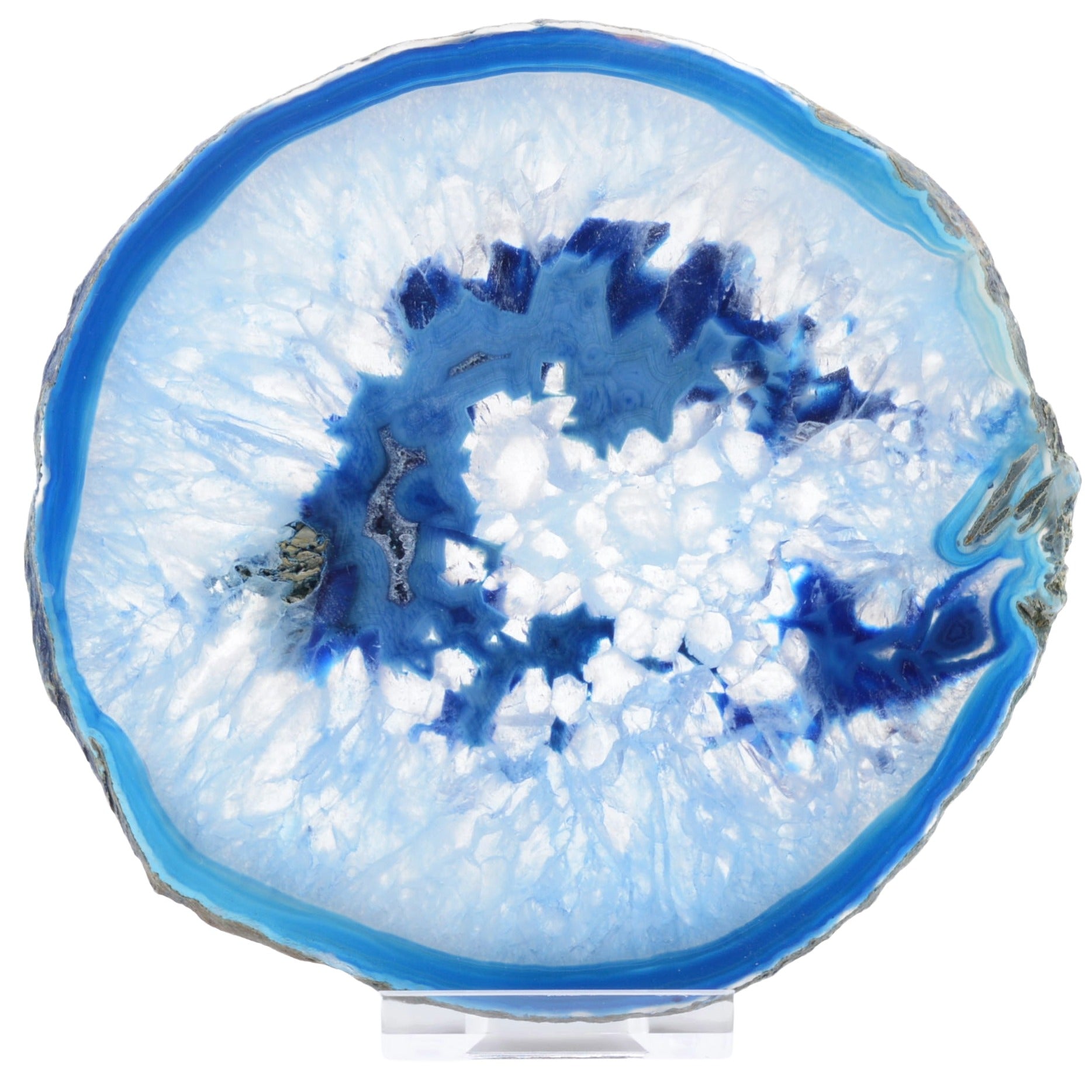 A polished agate geode slice with a vibrant blue and white crystalline pattern, displayed on a clear acrylic stand against a white background.