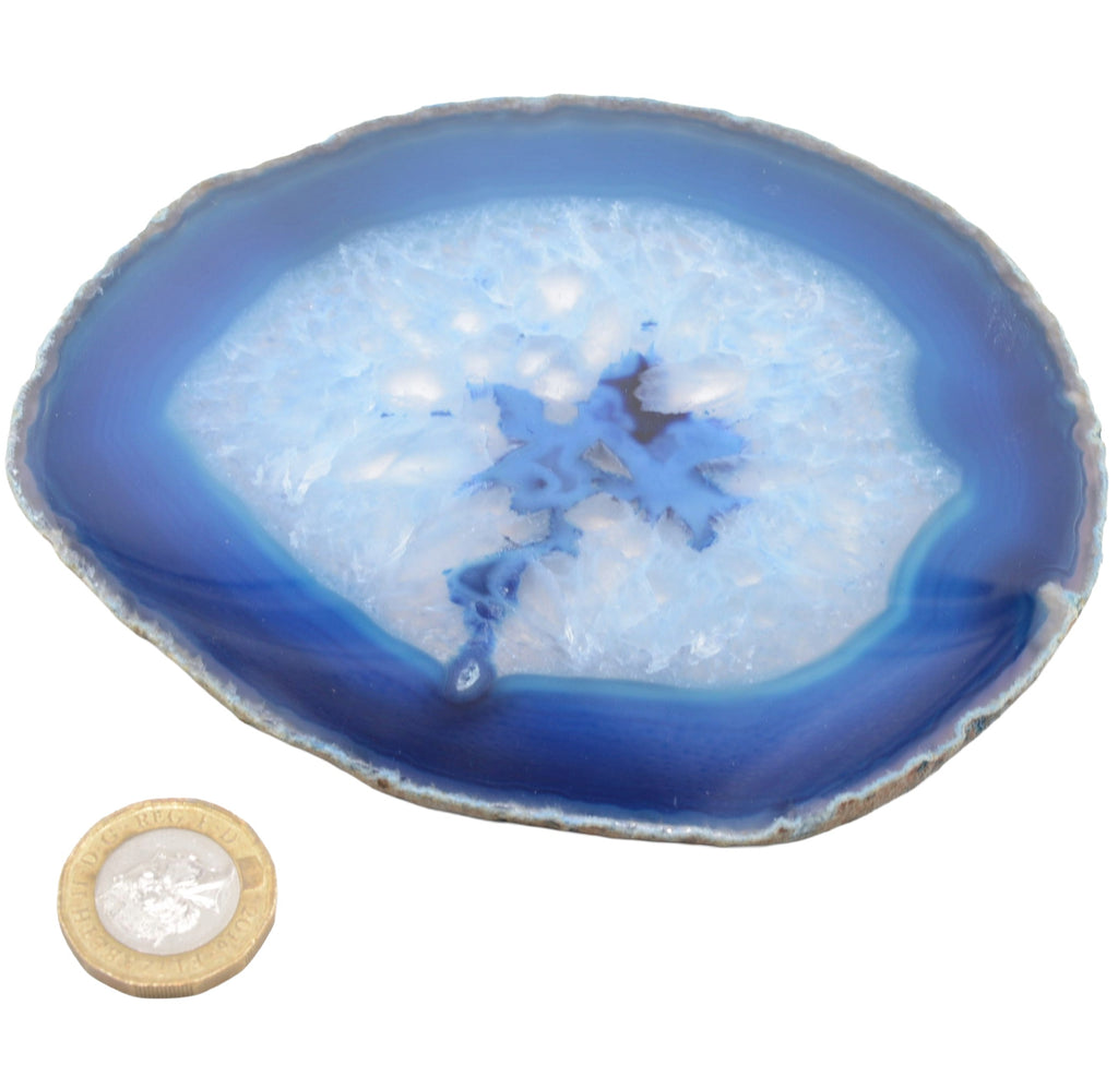 A polished agate slice with concentric bands of deep blue, medium blue, and a frosted pale blue center, shown on a white background with a coin for scale.