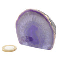 A polished purple agate geode with a natural banded pattern, displayed on a white background next to a gold coin for scale.
