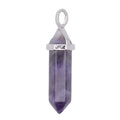 A Double Terminate Amethyst point pendant, polished purple crystal point capped with a silver plated metal frame and a top loop, shown on a plain white background.