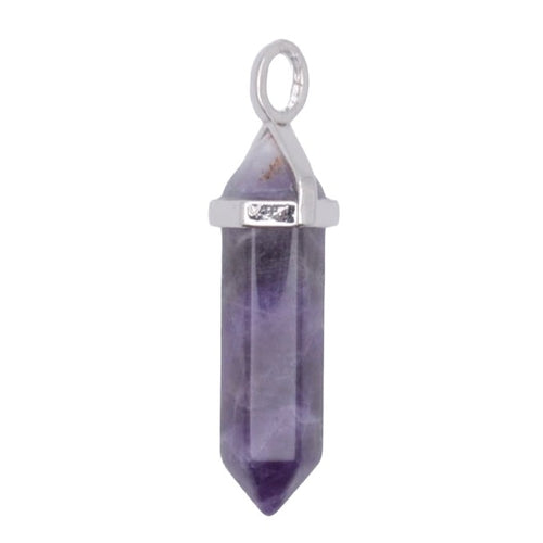 A Double Terminate Amethyst point pendant, polished purple crystal point capped with a silver plated metal frame and a top loop, shown on a plain white background.