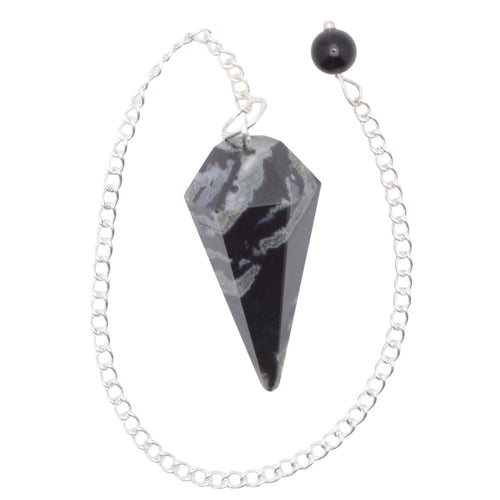 A black sardonyx gemstone pendulum with a sliver chain and bead, shown on a plain white background.