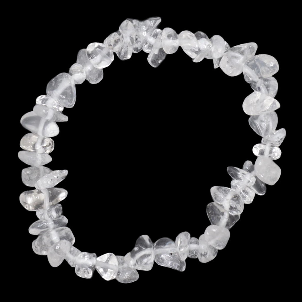 A clear quartz crystal chip bracelet made of irregular, faceted transparent stones, arranged in a circular shape against a solid black background.