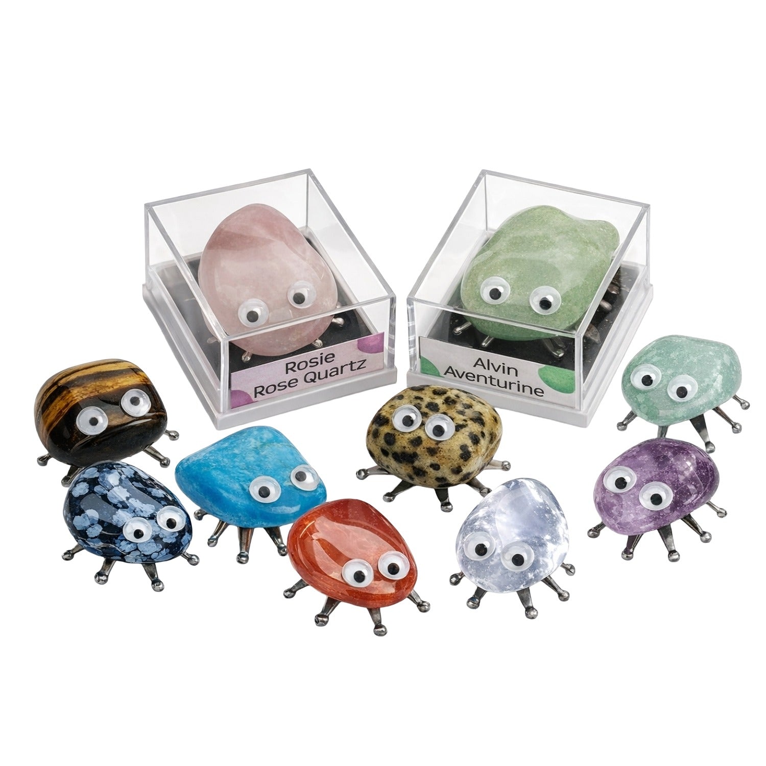 Gem Bug gemstone figurines with googly eyes and metallic legs, shown with two clear display boxes labeled Rosie Rose Quartz and Alvin Aventurine on a white background.