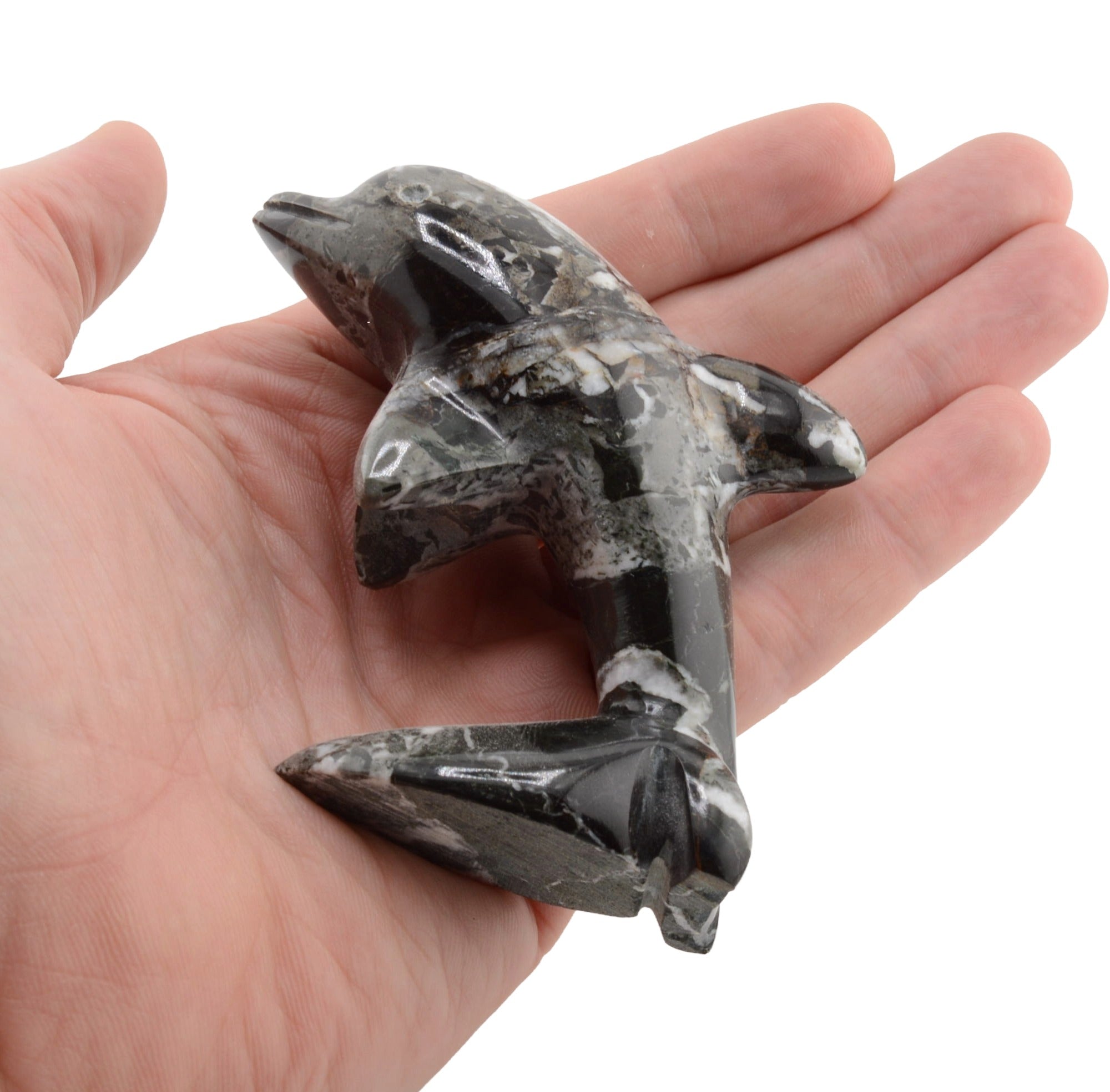 A polished black & white marble stone dolphin figurine with natural white veining, held in the palm of a hand against a plain white background.
