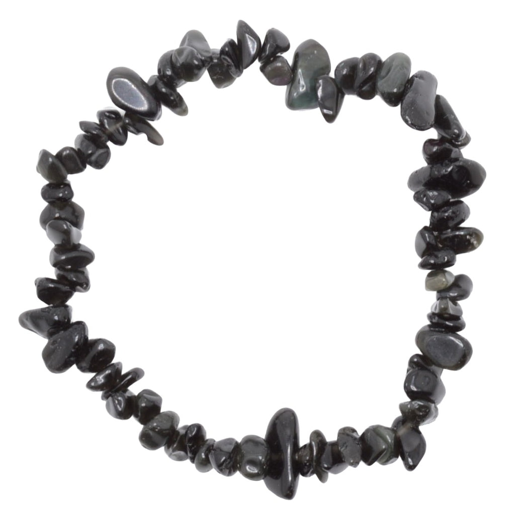 Black obsidian chip bracelet Jewellery made of polished irregular chips, arranged in a circle on a plain white background.