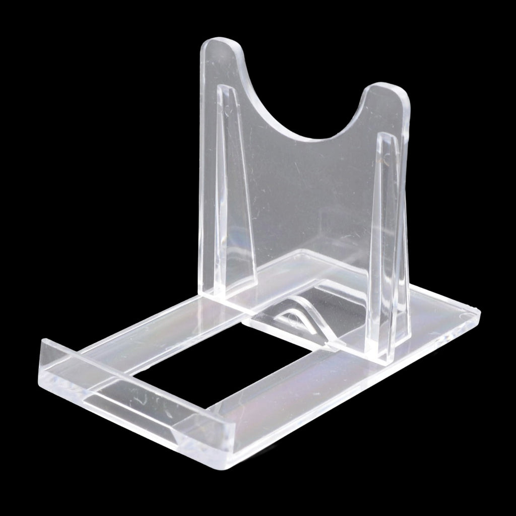 Clear acrylic stand with a U-shaped top and rectangular base, shown on a solid black background.