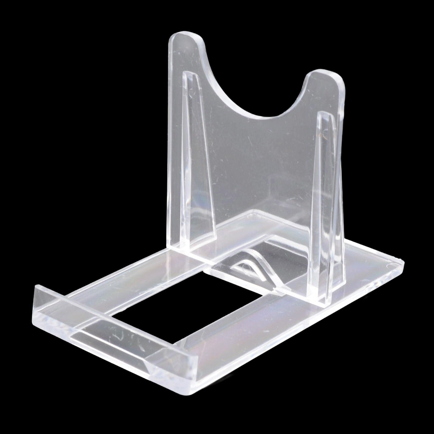 Clear acrylic stand with a U-shaped top and rectangular base, shown on a solid black background.