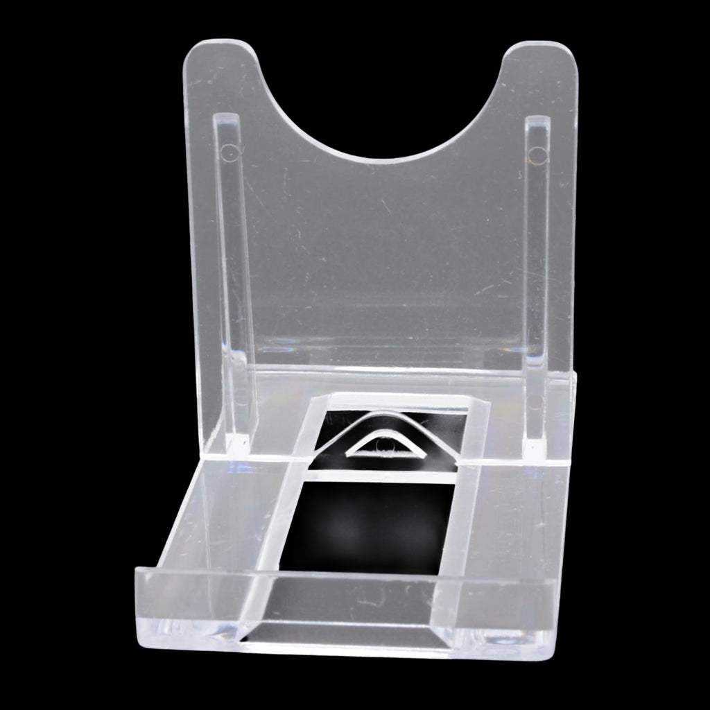 Clear plastic stand holder with a curved top and open base, shown against a solid black background.