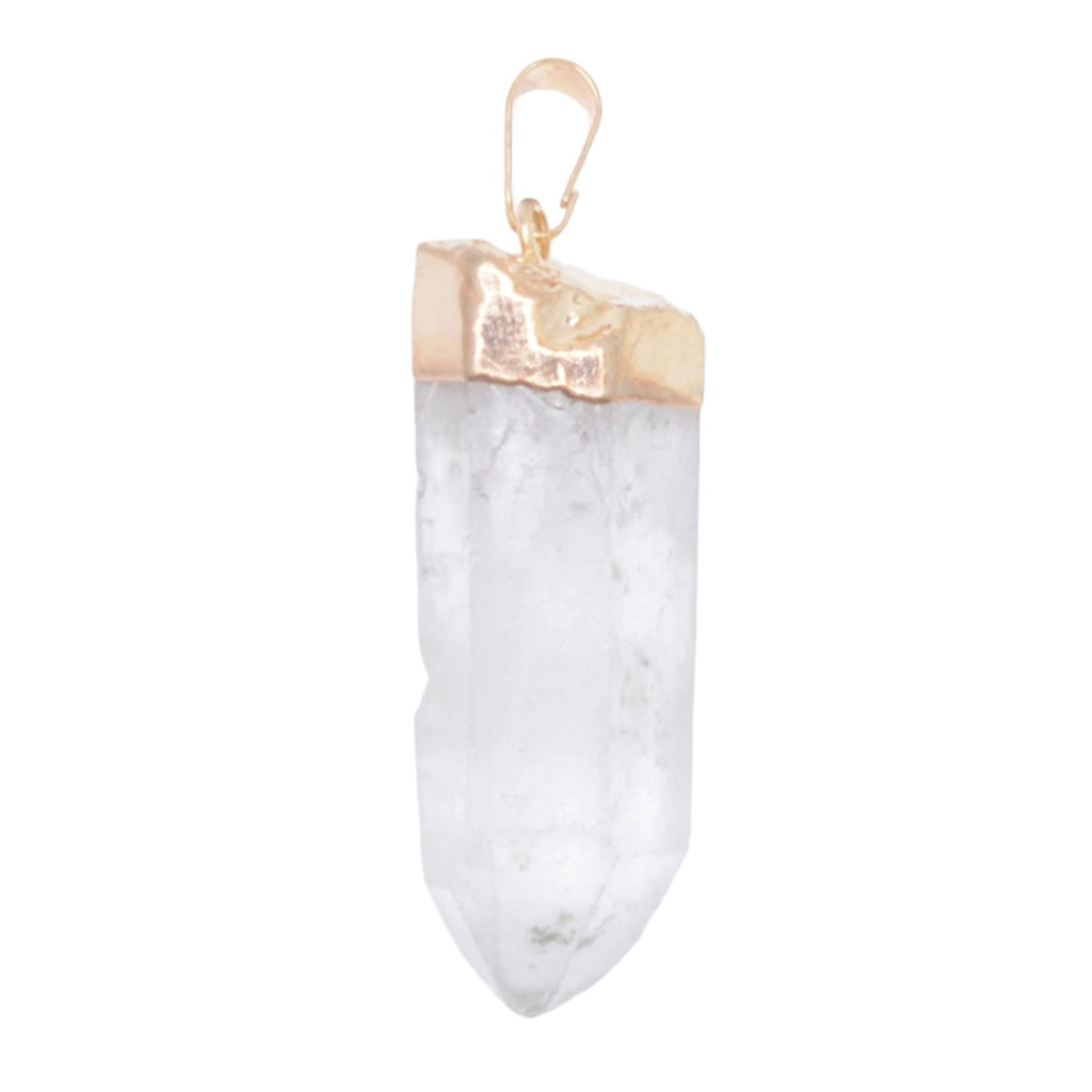 A natural clear quartz crystal point pendant with a gold plated bail, shown against a plain white background.