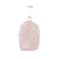 A raw rose quartz crystal pendant with a silver bail, shown against a plain white background.