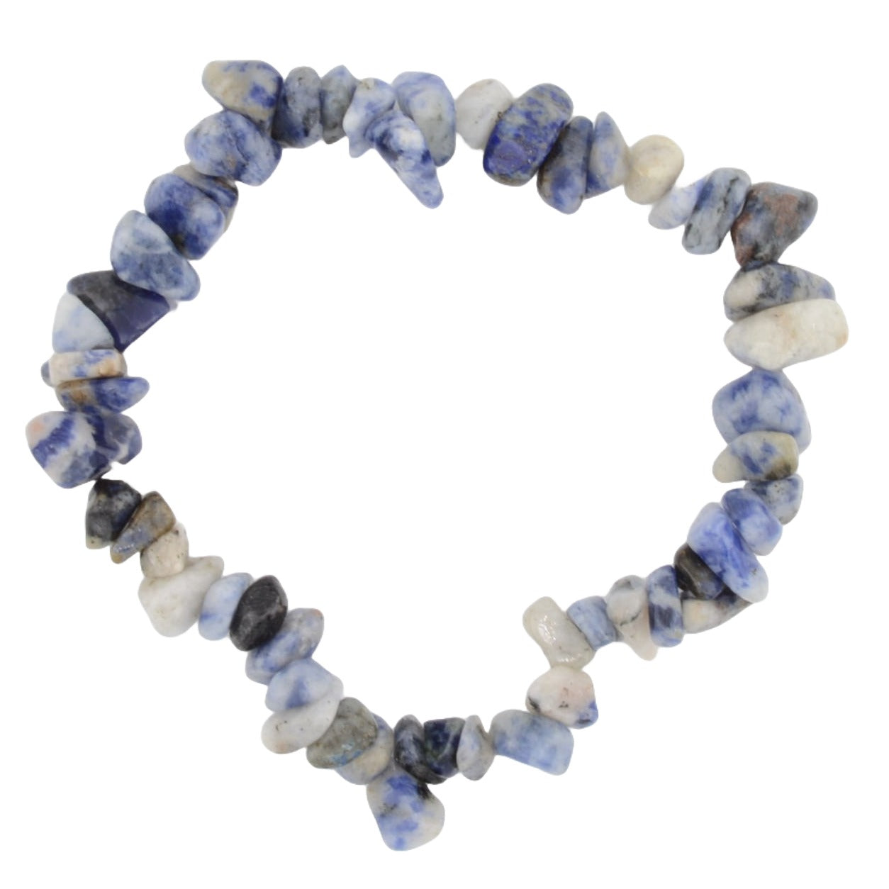 A beaded stretch bracelet made of irregular, polished blue and gray sodalite gemstone chips, arranged in a circle on a plain white background.