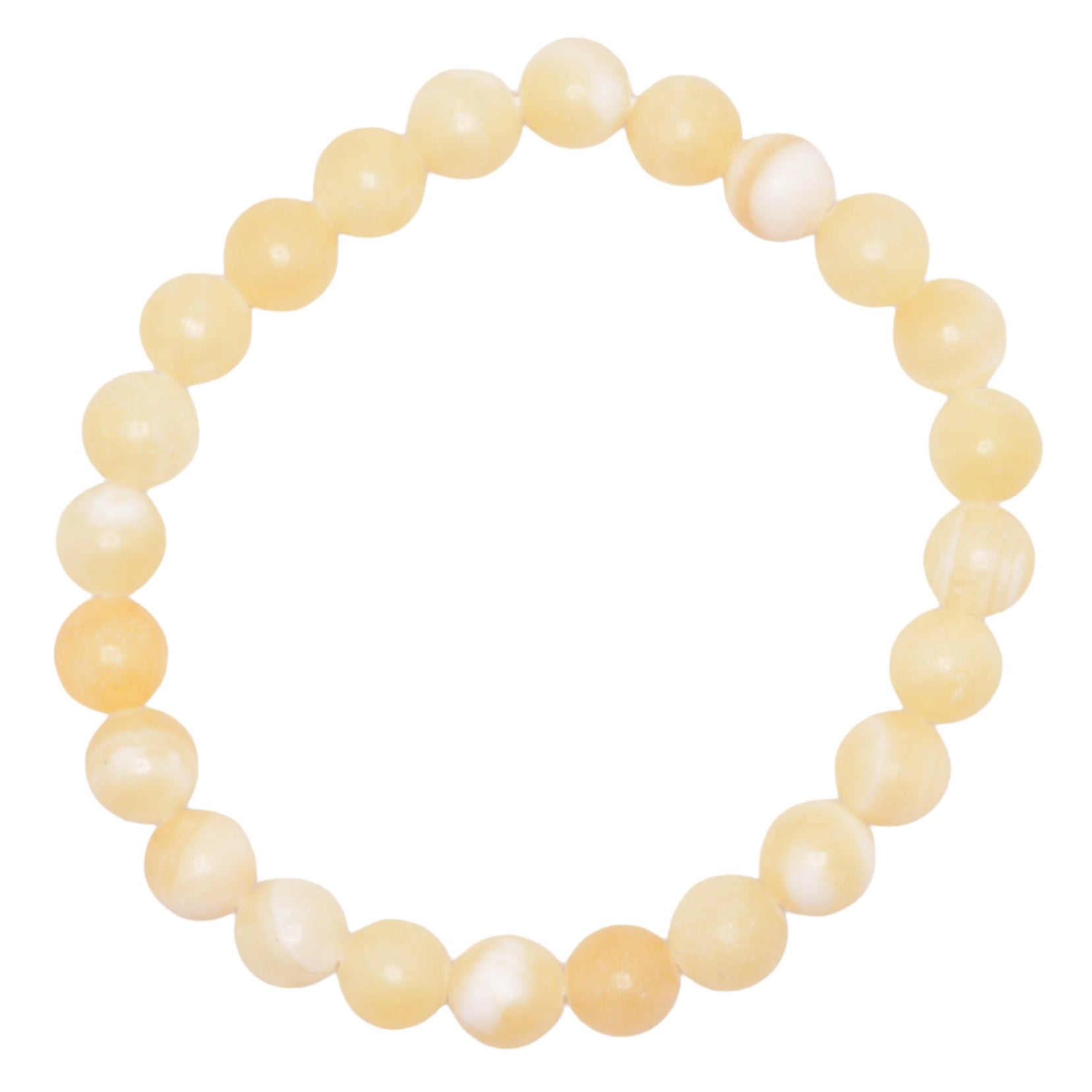 A beaded stretch bracelet made of smooth, round yellow calcite, arranged in a circular shape against a plain white background.
